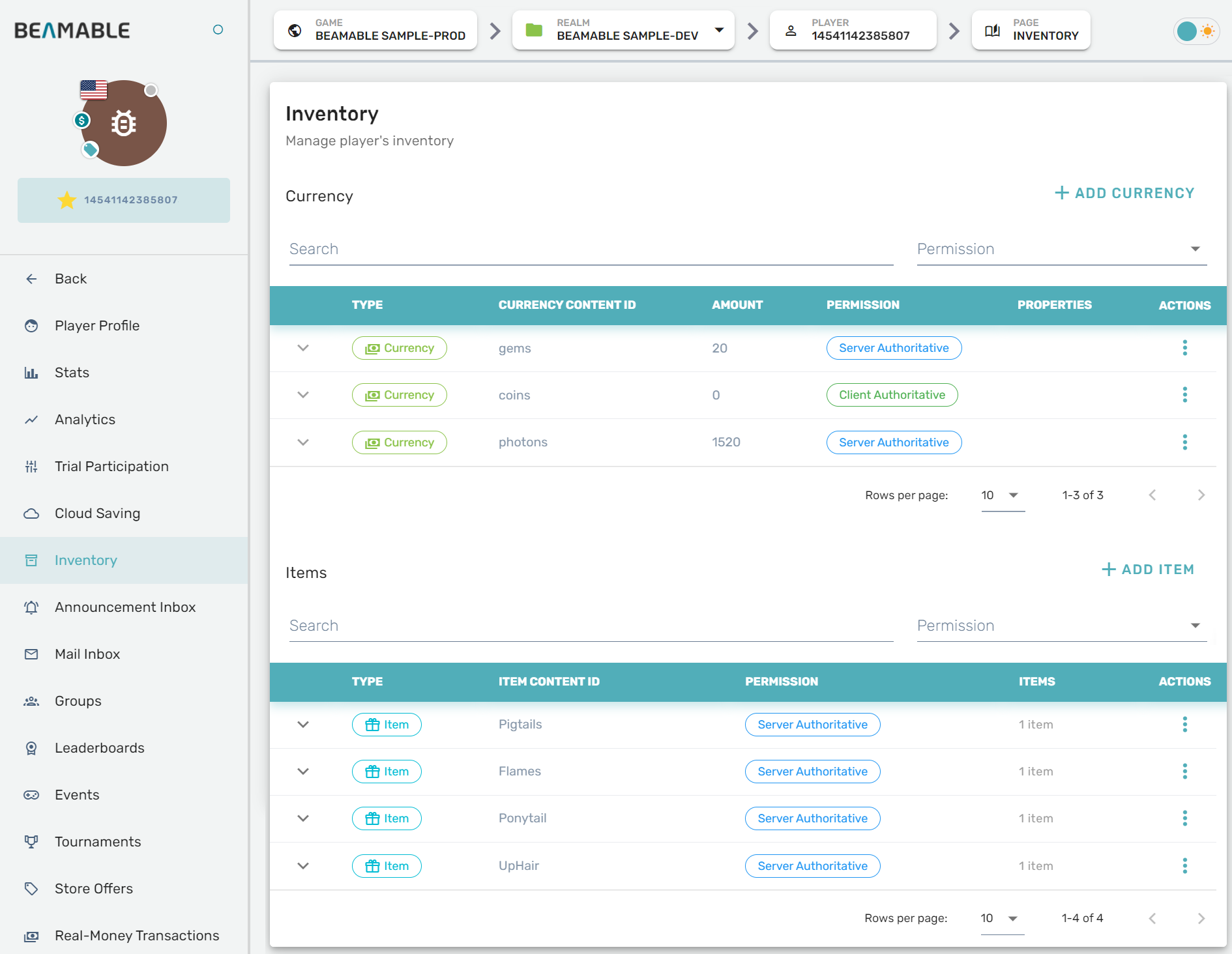 The player Inventory page in Portal, showing currency balances and owned items.