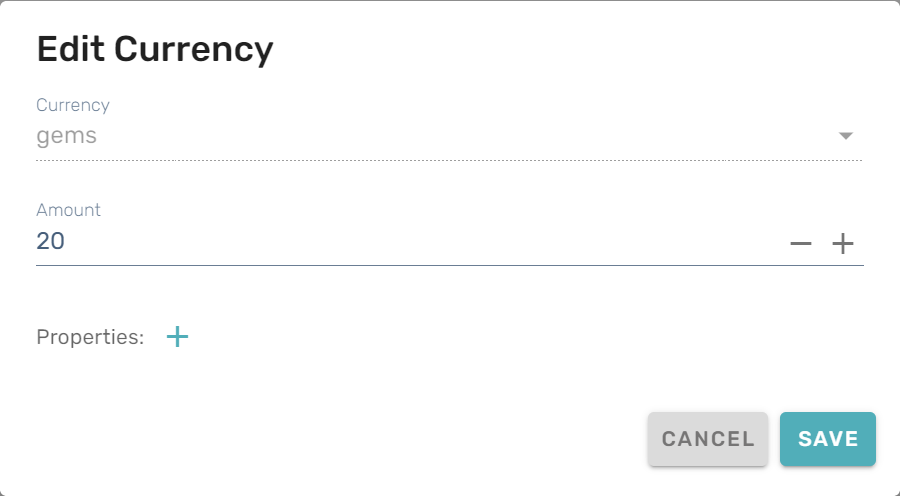 The Edit Currency dialog, adjusting the gems balance.