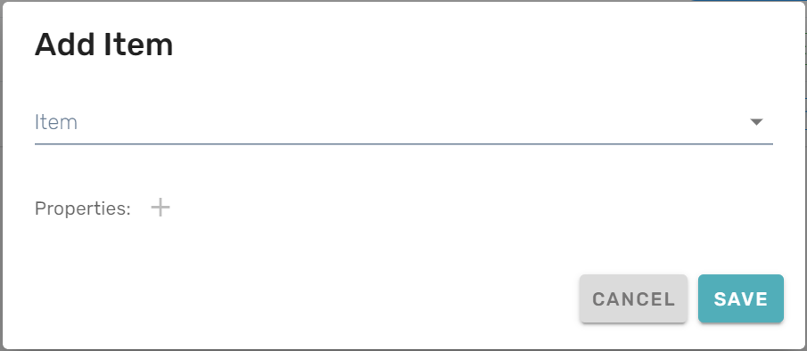 The Add Item dialog, with fields for an item and its properties.