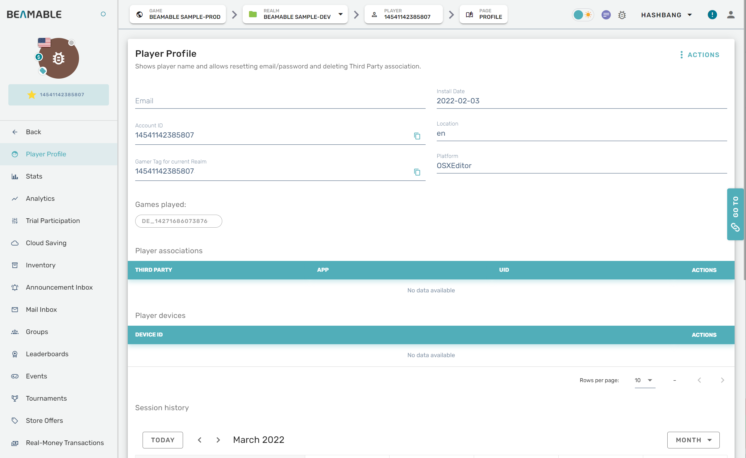 A player profile in Portal, showing account details, games played, and session history.