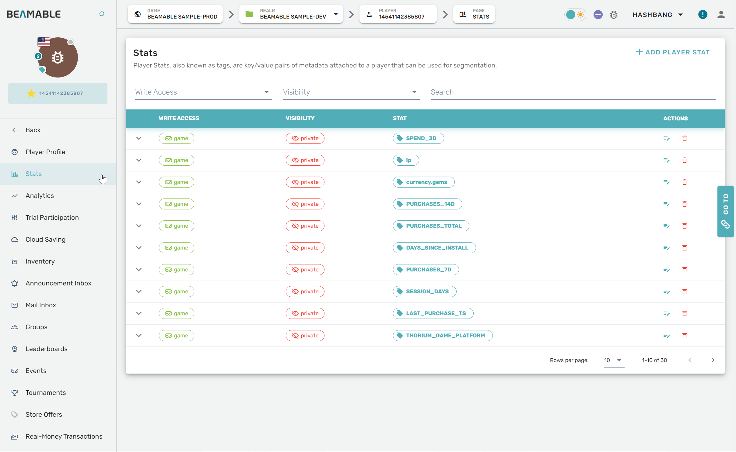 The player Stats page in Portal, listing stats by write access, visibility, and name.