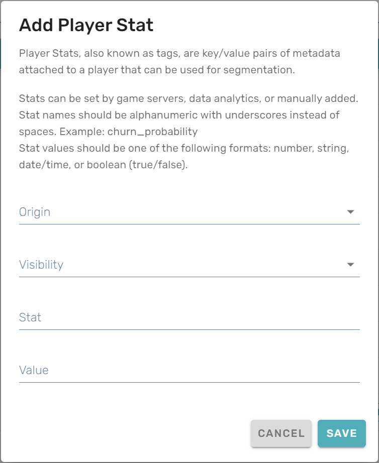 The Add Player Stat dialog, with fields for origin, visibility, stat, and value.