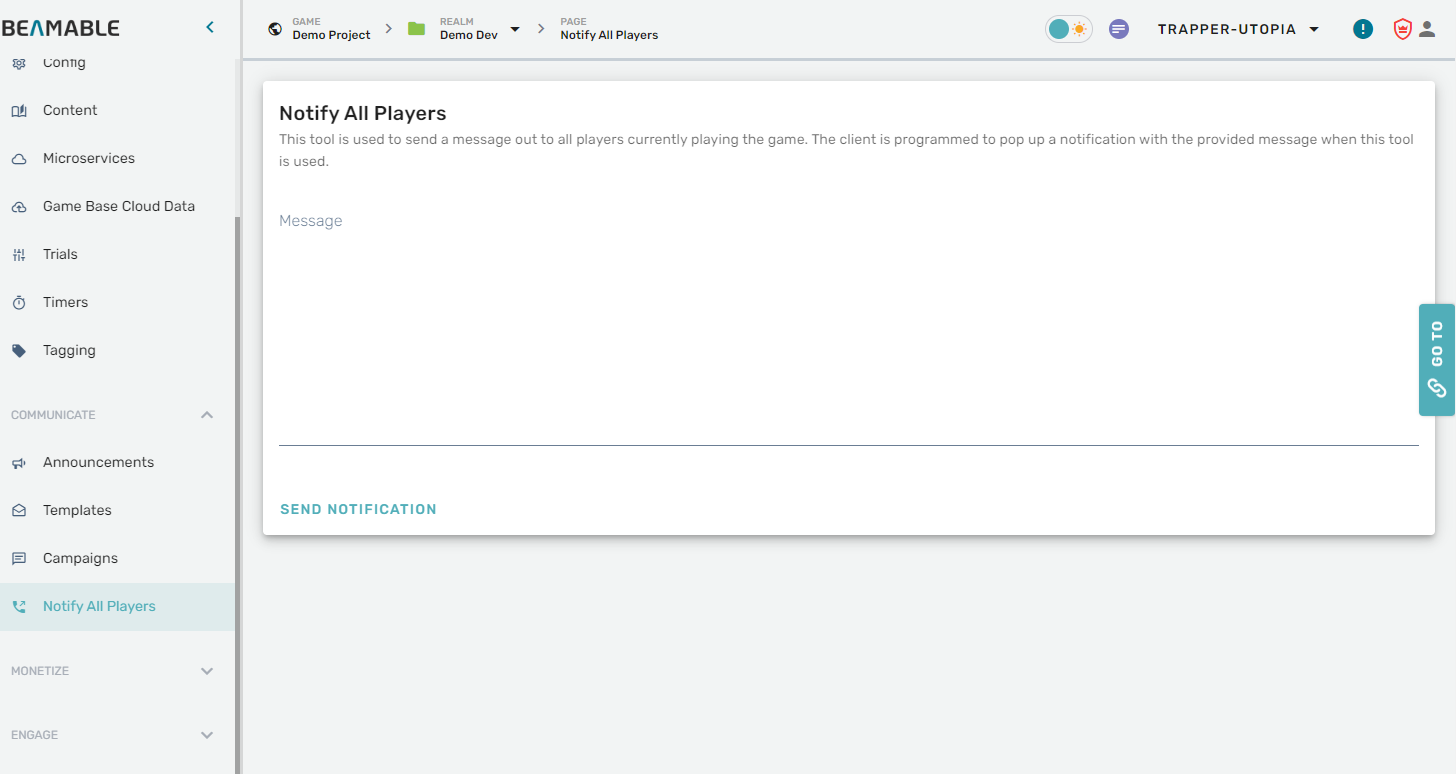 The Notify All Players page in Portal, with a message field and a Send Notification button.