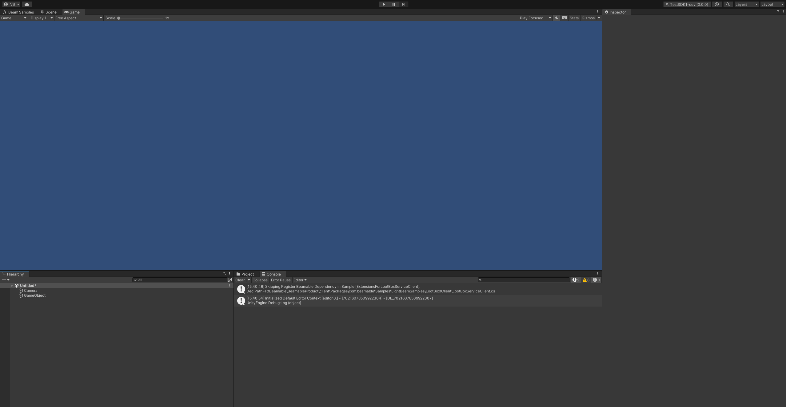 Animated walkthrough of the Unity Editor in play mode: the Beamable runtime initializes in the Console, then the Admin Console opens to confirm access to a player account.