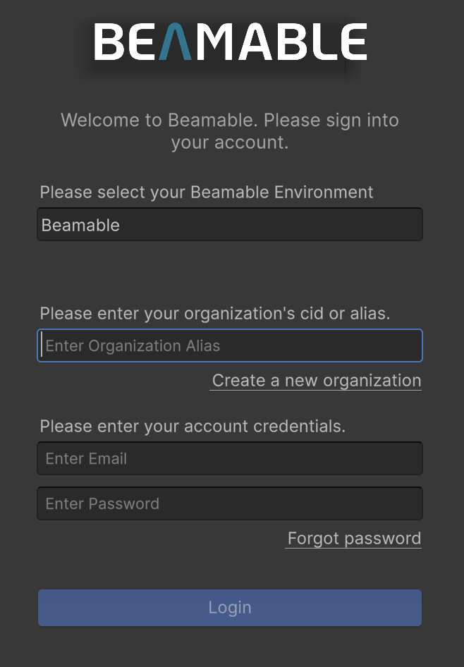 Beamable Login Window