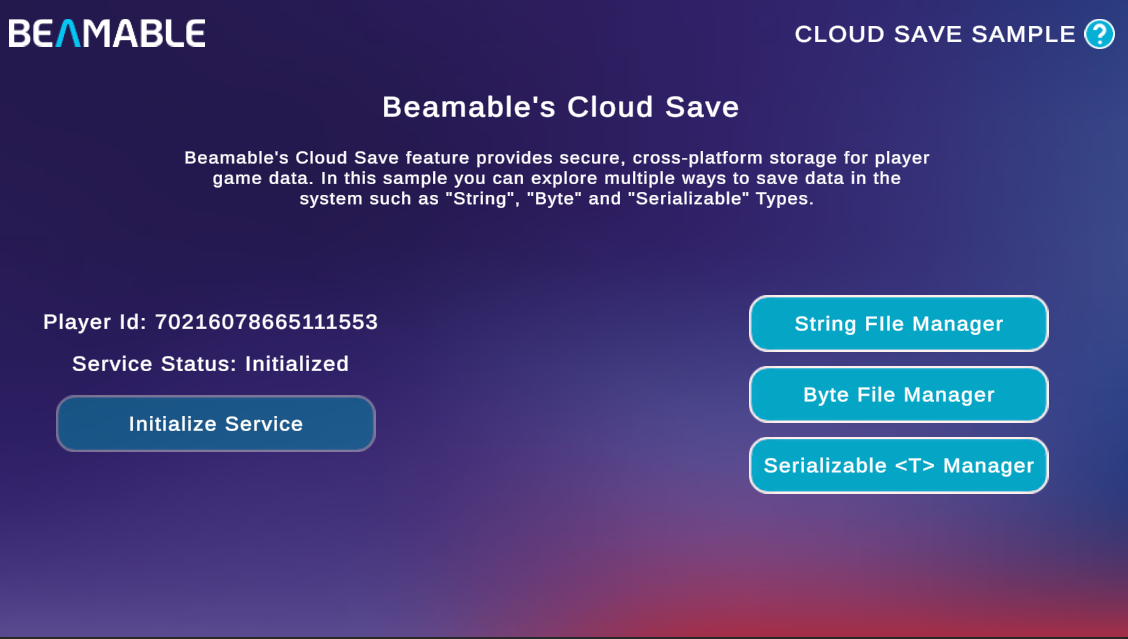 The Cloud Save sample screen with an Initialize Service button and String, Byte, and Serializable file manager options.