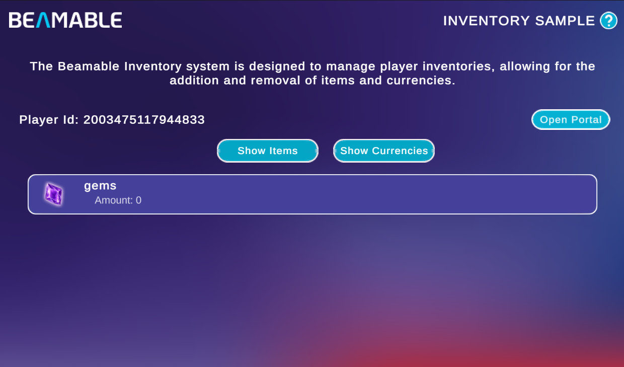 The Inventory sample screen showing a player's gems currency with Show Items and Show Currencies buttons.