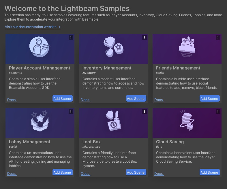 The Welcome to the Lightbeam Samples screen with cards for player account, inventory, friends, lobby, loot box, and cloud saving management.