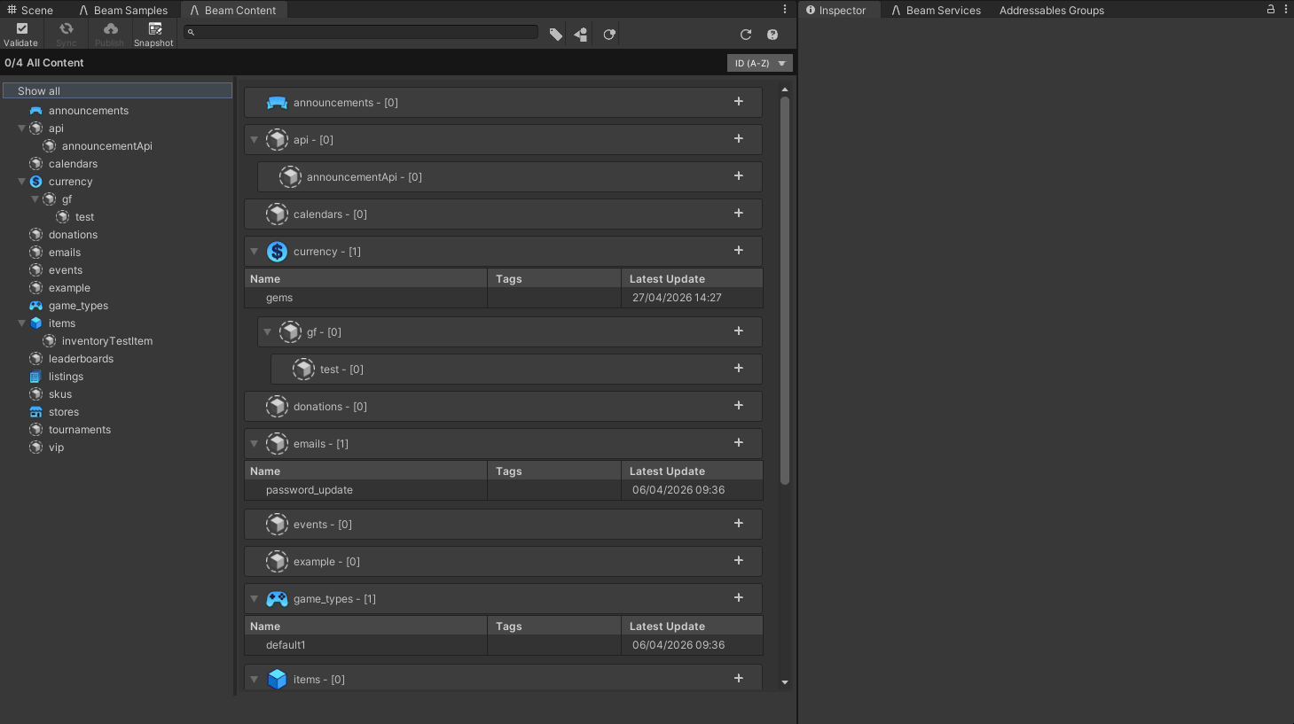 The Beam Content window in the Unity Editor, listing content groups such as announcements, currency, and game_types while a new inventory item is added.