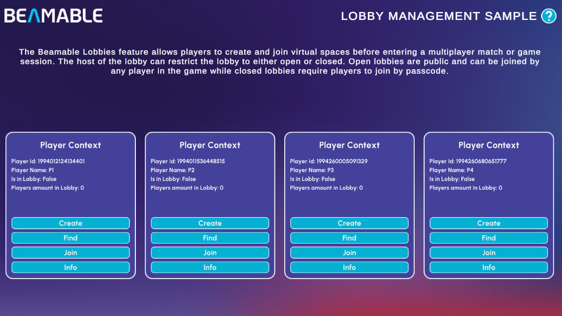 The Lobby Management sample screen showing four player contexts, each with Create, Find, Join, and Info controls.