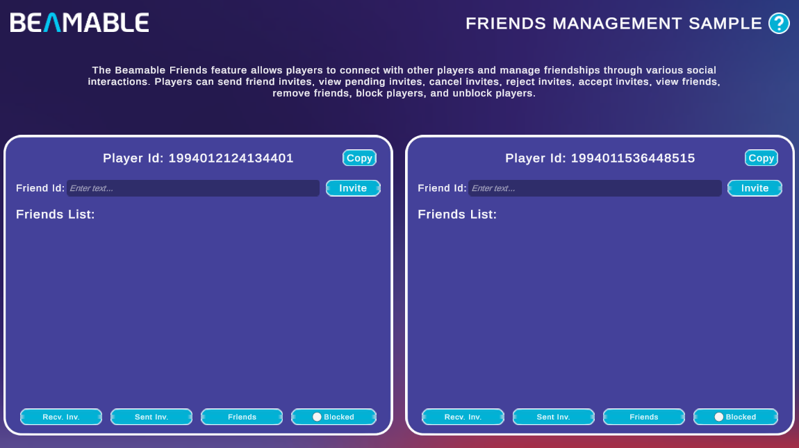 The Friends Management sample screen showing two player panels, each with a friend Id field, an Invite button, and an empty friends list.
