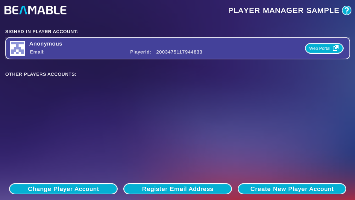 The Player Account Manager sample screen showing the signed-in anonymous player's account with its player Id and buttons to change, register, or create an account.